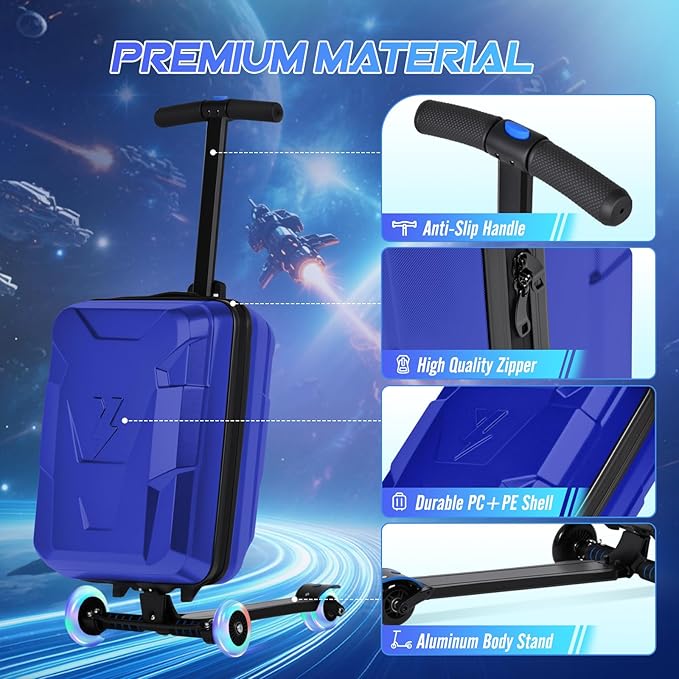 smilesun Scooter Suitcase for Kids & Adults, Foldable Carry On Travel Luggage, Hardside Ride on Scooter Suitcase with Spinner Wheels，Blue