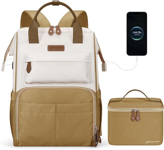Maelstrom Travel Backpack for Women Men,Laptop Backpack Fits 15.6-17.3 Inch Laptop, Nurse/Work Bag with Insulated Lunch Box (Khaki-beige)