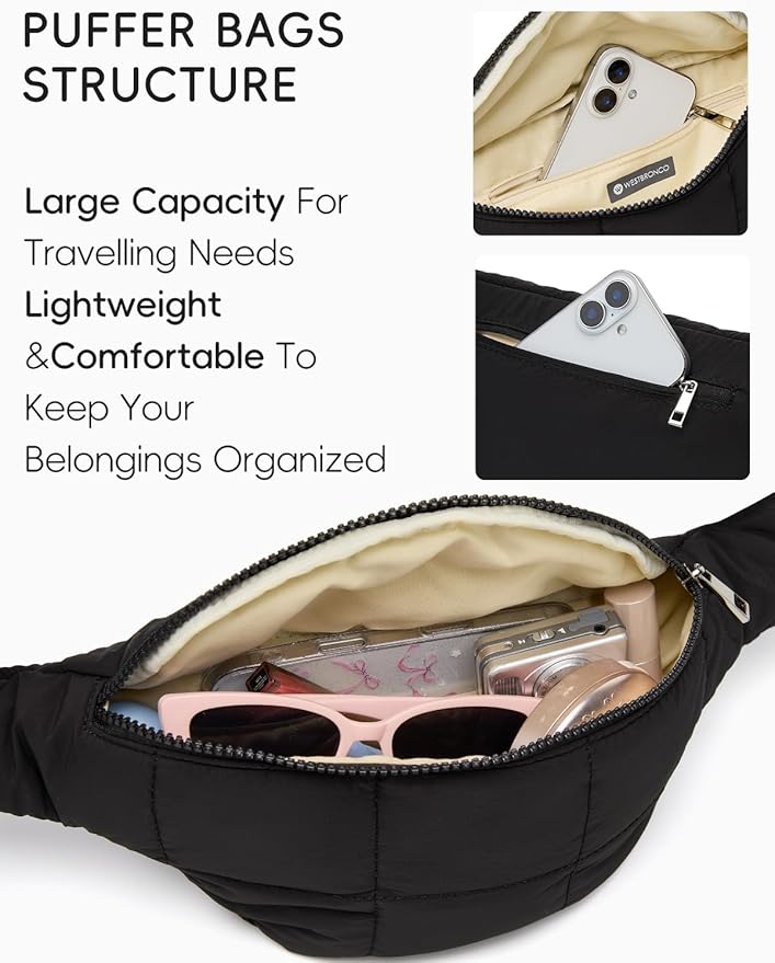 WESTBRONCO Puffer Fanny Packs for Women Small Crossbody Sling Bag, Nylon Quilted Belt Bag for Travel Hiking Running Waist Bag with Adjustable Strap