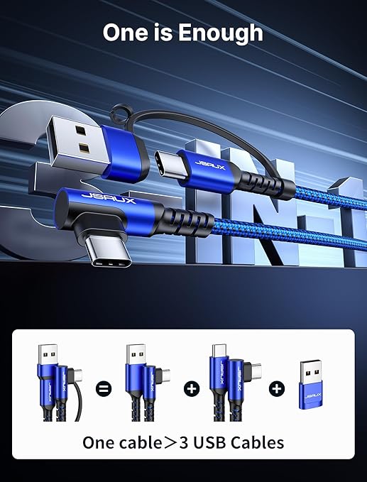JSAUX 100W USB C Cable [2-Pack 10FT], Right Angle Fast Charging Cord with USB A to C Adapter for iPhone Air/iPhone 17/ iPhone 17 Pro/iPhone 17 Pro Max, iPhone 16/15, Samsung, MacBook, iPad - Blue