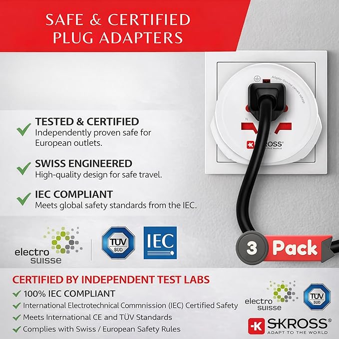 SKROSS World Travel Adapter Set 3-Pack — USA, UK & Europe Plug Adapters, Swiss-Engineered Country Travel Adapter Bundle, White