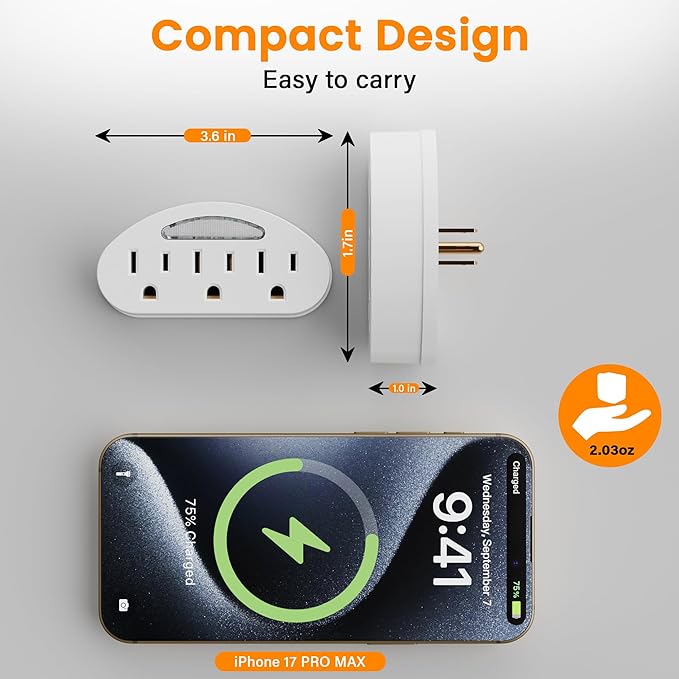 3-Outlet Extender, 3-Prong Grounded Wall Tap Adapter with LED Guide Light, 1875W ETL Listed Multiple Plug Electrical Outlets Splitter for Home, Office, Hotel, Travel, Cruise Essentials, White