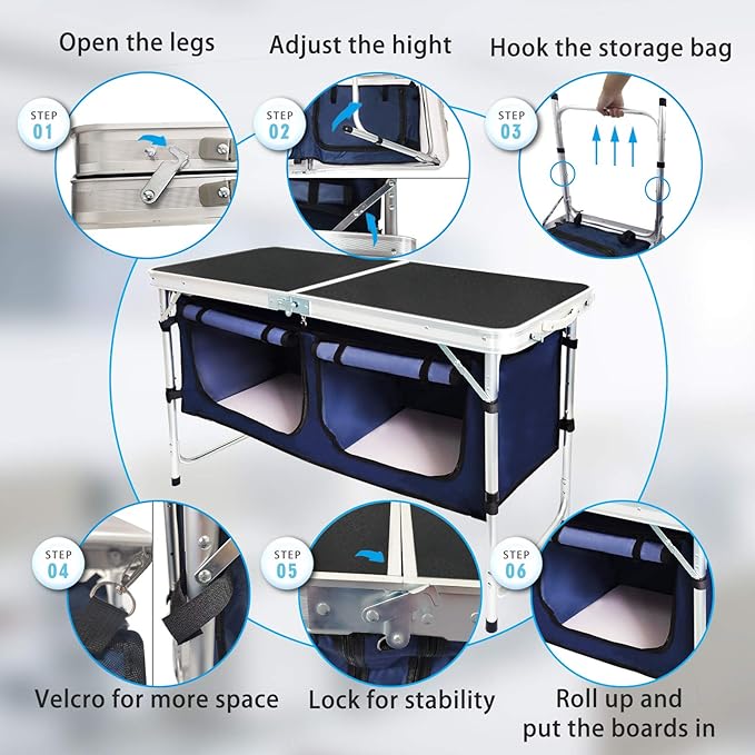 CampLand Outdoor Folding Table Aluminum Lightweight Height Adjustable with Storage Organizer for BBQ, Party, Camping