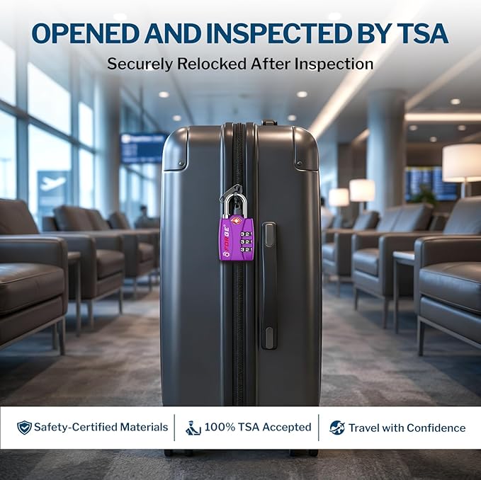 Forge Open Alert TSA Approved Luggage Locks - 3 Digit Combination, Easy Read Dials, Zinc Alloy Body - Ideal Travel Lock for Luggage, Suitcases, Bags & Toolboxes (Purple 4 Locks)