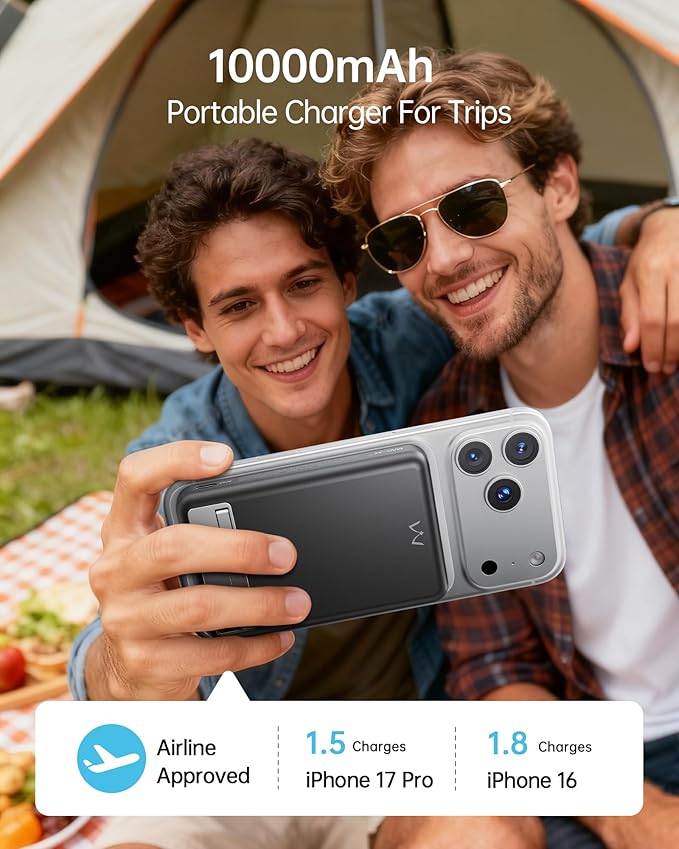 iWALK Magnetic Wireless Power Bank 10000mAh, Slim Portable Charger with 20W PD Cable Fast Charging, Metal Kickstand, LED Display, MagSafe Compatible Battery Pack for iPhone 17/16/15/14/13/12 Series
