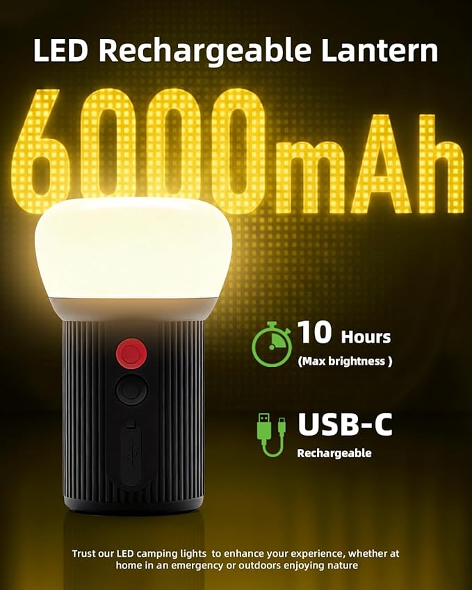 LED Rechargeable Camping Lantern with Hook - 6000mAh Emergency Outdoor Camping Lights, IPX5 Water Resistant Portable Tent Lights for Hiking, Backpacking, Fishing, Outages (Black 2Pack)