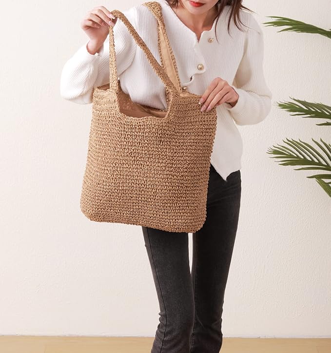 GOLDTIMO Beach Bags for Women - Summer Soft Large Woven Shoulder Purse Handbag, Beach Tote Straw Bag for Summer Vacation