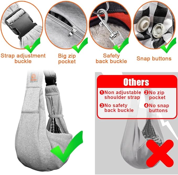 Tomkas Small Dog Sling Carrier - Cat Sling Carrier - Zipper Pocket & Adjustable Strap - for 3-10 lbs Pets(Gray) Puppy