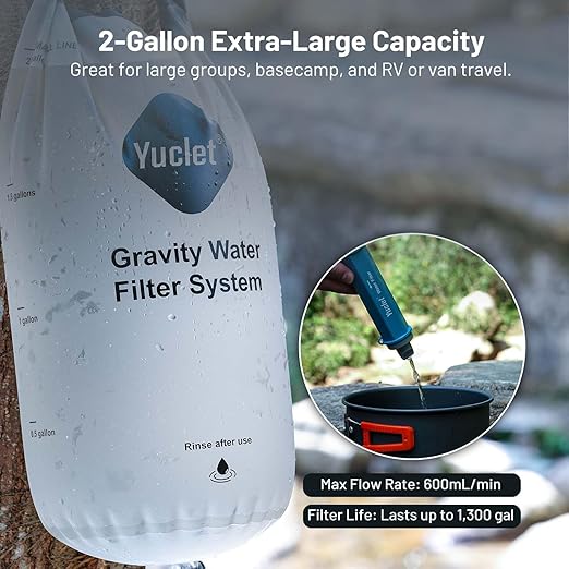 Yuclet Gravity Water Filter System w/ 2-Gal Bag & 0.1-Micron Water Filter Straw, Gravity-Fed Water Filtration System Water Purifier Survival for Camping, Backpacking, Hiking & Emergency Preparedness