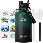 Swigina Insulated Water Bottle with Silicone Boot (36hrs Cold/18hrs Hot) - DIY Stickers, [2-in-1 Lid], BPA Free, 64 oz