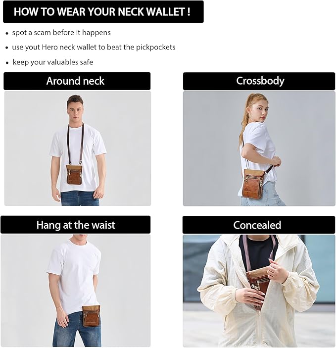 LANNSYNE Full Grain Leather Travel Wallet, Leather Cell Phone Belt Bag, Waist Pack Pouch, Neck Wallet Travel Pouch and Passport Holder for Men and Women Keep Valuables Safe