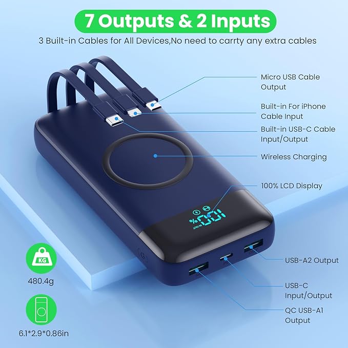 YHO Wireless Portable Charger 40800mAh for iPhone with Built-in Cables,15W Wireless Charging USB C Power Bank,25W PD Fast Charging Travel Essential Battery Pack for iPhone 17/16/15/14-Dark Blue