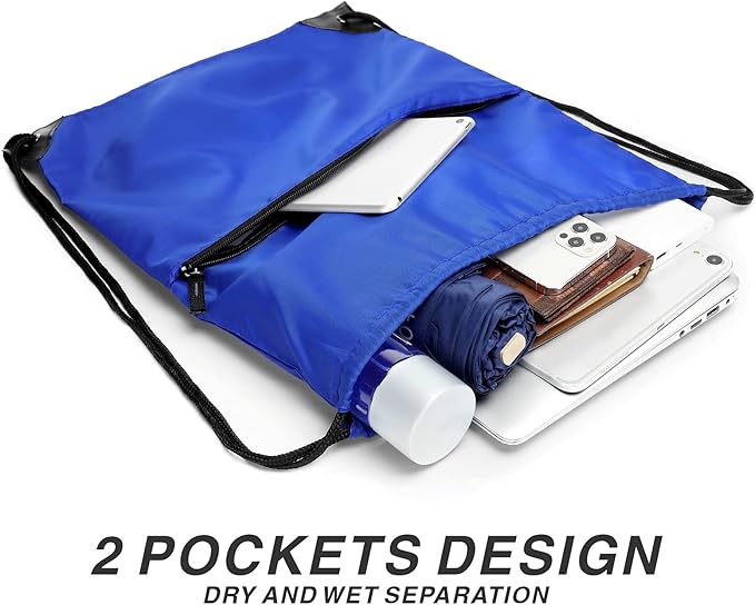 Drawstring Backpack Sports Water Resistant String Bag Sport Gym Sackpack for Women Men Large with Zipper, Royal