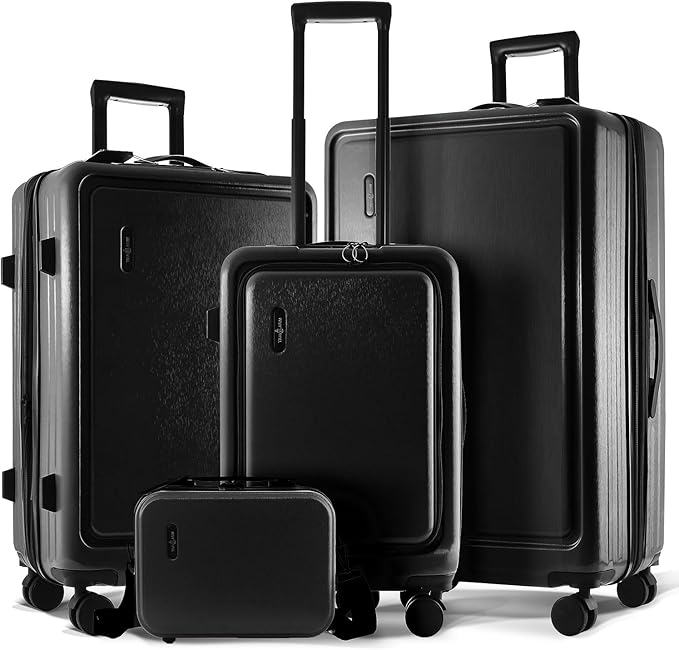 TRAVELARIM Black Hardshell Luggage Sets 4 Piece, Durable Suitcase Set, Travel Luggage Set with Integrated TSA Lock, 360° Spinner Wheels, Expandable Medium and Large Checked Suitcase, 20/24/28 Inch