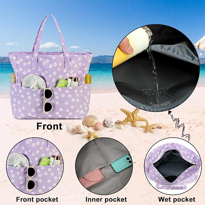 Bluboon Waterproof Beach Tote Pool Bags for Women Ladies Extra Large Carry On Bag With Wet Compartment for Weekender Travel