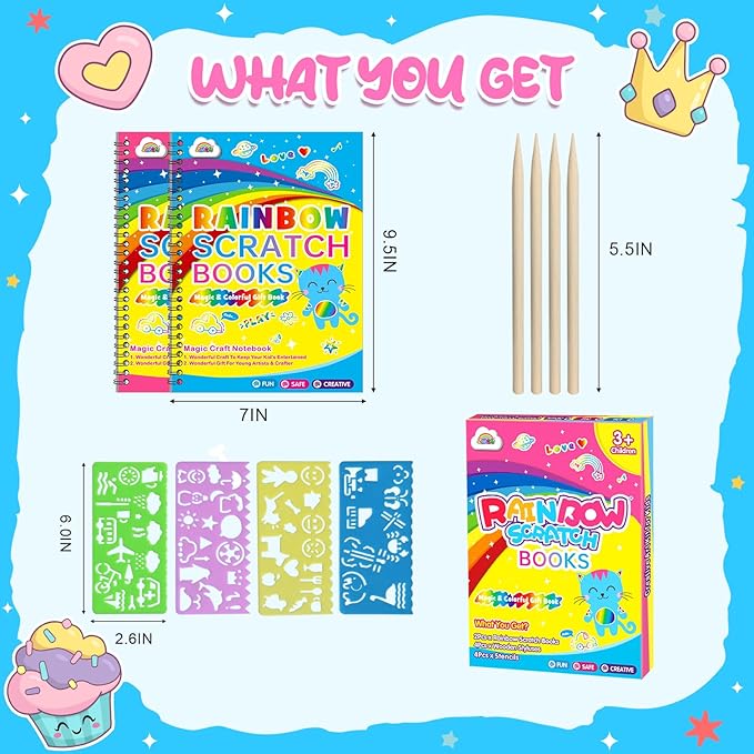 ZMLM Scratch Paper Art-Crafts Gift: 2 Pack Rainbow Notebooks Supplies Toys Easter Basket Stuffers for 3 4 5 6 7 8 9 10 Years Old Girls and Boys Kids Birthday Party Travel Games (Pink & Blue)