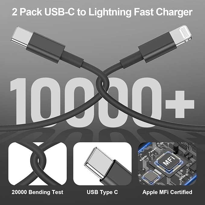 2Pack for Apple iPhone 14 13 12 Fast Charger Cable Black 6ft [Apple MFi Certified], USB Type C to Lightning Cable 6 Foot Apple iPhone Charging Cord for Apple iPhone 13 12 Pro XR XS Max X 8 Plus
