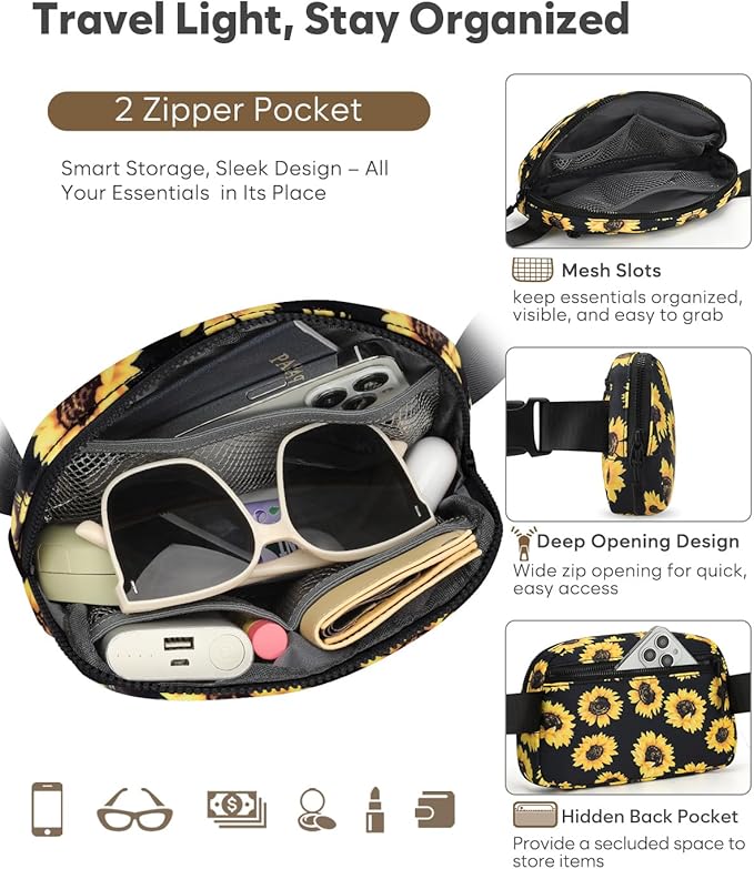 Pritent Fanny Packs for Women Cross Body Bag Waterproof Belt Bag with Adjustable Strap and Zipper Back Pocket Small Crossbody Bags Fashion Waist Packs for Workout Travelling(Sunflower)