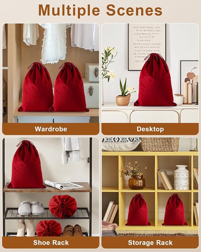 FantasyLife Shoe Bags for Travel, Washable Dust Bags for Storage & Packing, Flannel Shoe Pouch with Drawstring Closure for Purses, Handbags, Shoes & Toys (8, Multiple Colors, 17.3"x12.6")