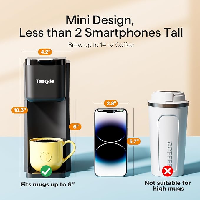 Tastyle Mini Hot and Iced Coffee Maker Single Serve, for K Cup and Ground, 6 to 14 Oz Brew Sizes, with Recipe Book, for Home, Travel, RV, Office and Dorm,Classic Black (2.0 Version)