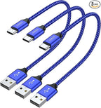 JXMOX Short USB C Cable (1ft 3-Pack), USB A to Type-C Charger Cord 3.1A Fast Charging Compatible with iPhone 15 16 Pro Max, Samsung Galaxy S22 S21 S20 S10 S9, Note 10, A80 A70 A50, Power Bank (Blue)