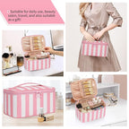 OCHEAL Makeup Bag,Travel Makeup Organizer Bag, Large Capacity Cosmetic Bags For Women Large Travel Toiletry Bag Girls Traveling With Brush Slot And Divider-Stripes Pink
