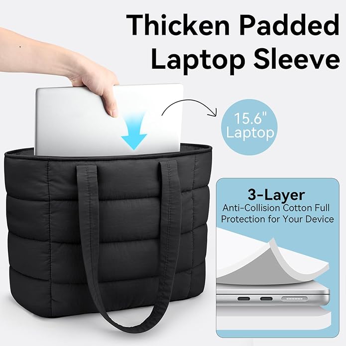 Puffer Tote Bag with Pouch,Women's Lightweight Quilted Shoulder Bag,15.6"/17.3" Laptop Travel Weekender for Work & Nurses