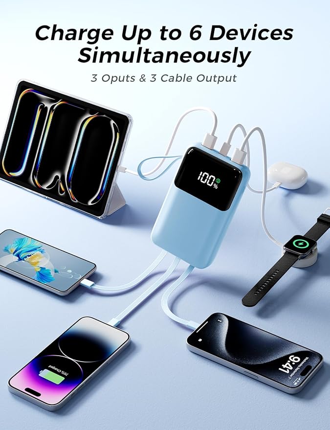 Power Bank, 15000mAh Portable Charger with Built in Cable, 22.5W Fast Charging, 6 Outputs, Slim Travel Essential Battery Pack with LED Display, Compatible with iPhone 17/16/15/14/13, iPad SkyBlue