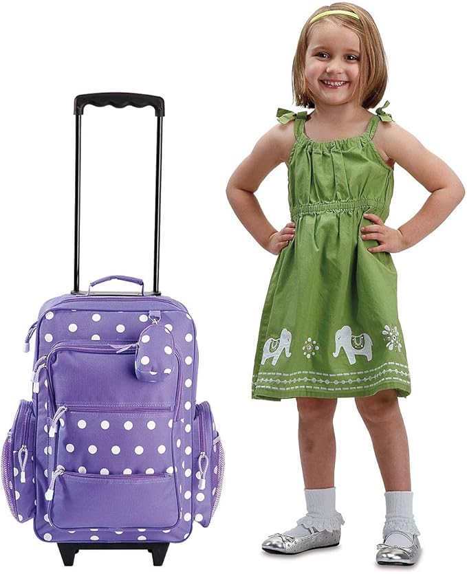 Lillian Vernon Personalized Rolling Luggage for Kids, 5-Pocket Purple Polka Dot Design Suitcase Set With Clip-On Pouch, Customizable Girls Travel Carrier on Wheels, 6" W x 15.5" L x 21" H
