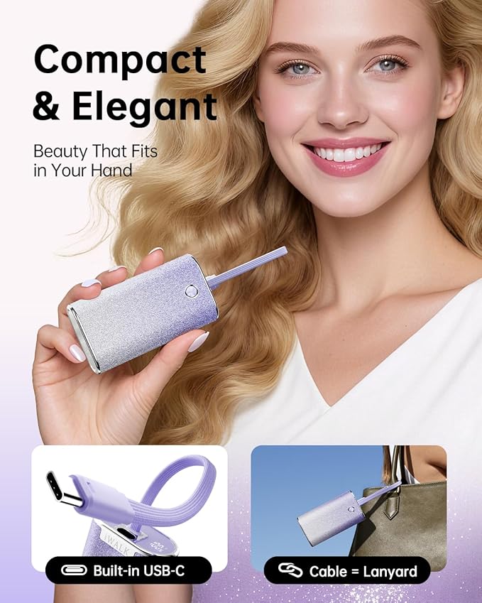 iWALK Sparkly 10000mAh Portable Charger, 22.5W Fast Charging Small Power Bank with Built-in USB-C Cable, Diamond Glitter Ultra-Compact Battery for iPhone 17/17 Pro/16/16 Pro/15, Samsung,ShinyPurple