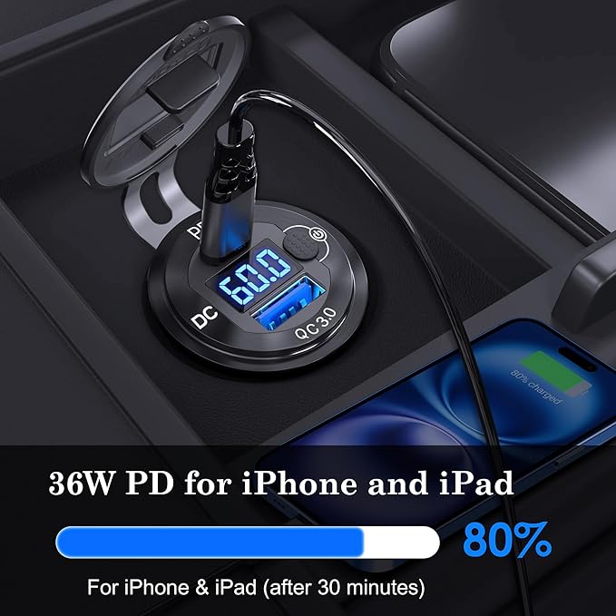 12V 24V 36V 48V 60V High Voltage USB Outlet Aluminum Car Socket, PD 36W and QC 36W Car Port Outlet Waterproof Cigarette Lighter Power Adapter DIY Kit with Button Switch for Boat Golf Cart, etc.