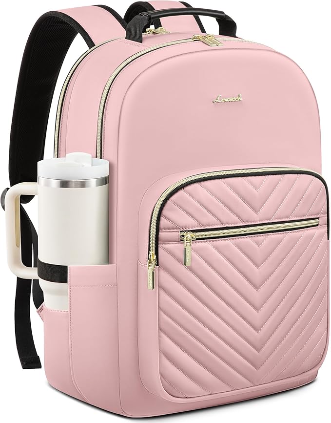 LOVEVOOK Laptop Backpack for Women with Giant Tumbler Holder 15.6 inch,Designer Travel Backpack Laptop Bag College Backpack,Quilted Work Nurse Teacher Backpack Purse Computer Bag Casual Daypack, Pink
