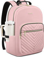 LOVEVOOK Laptop Backpack for Women with Giant Tumbler Holder 15.6 inch,Designer Travel Backpack Laptop Bag College Backpack,Quilted Work Nurse Teacher Backpack Purse Computer Bag Casual Daypack, Pink