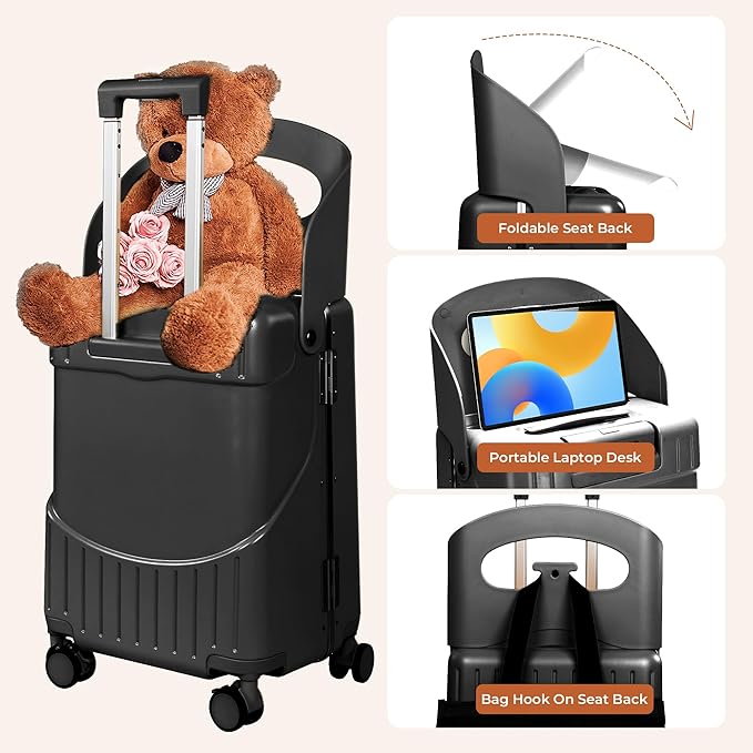20" Ride-On Luggage with Child Seat, Hardside Carry-On Suitcase with Shockproof 360° Silent Spinner Wheels, TSA Lock, Kids & Adults & Busy Moms