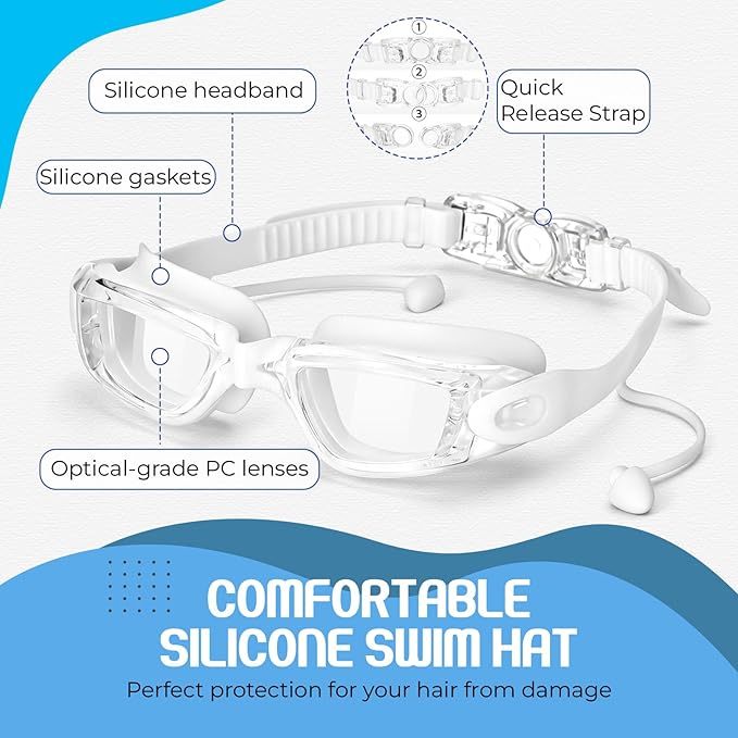 Tallew Swim Goggles Swimming Cap Set with Earplugs, Nose Clip and Case Silicone Swim Hat Waterproof Chlorine Resistant