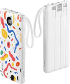 VRURC Portable Charger, Built-in Cables Power Bank 10000mAh, LED Display Slim USB C Battery Pack with 5 Output 2 Input for iPhone, Samsung, Android etc-White(1 Pack)