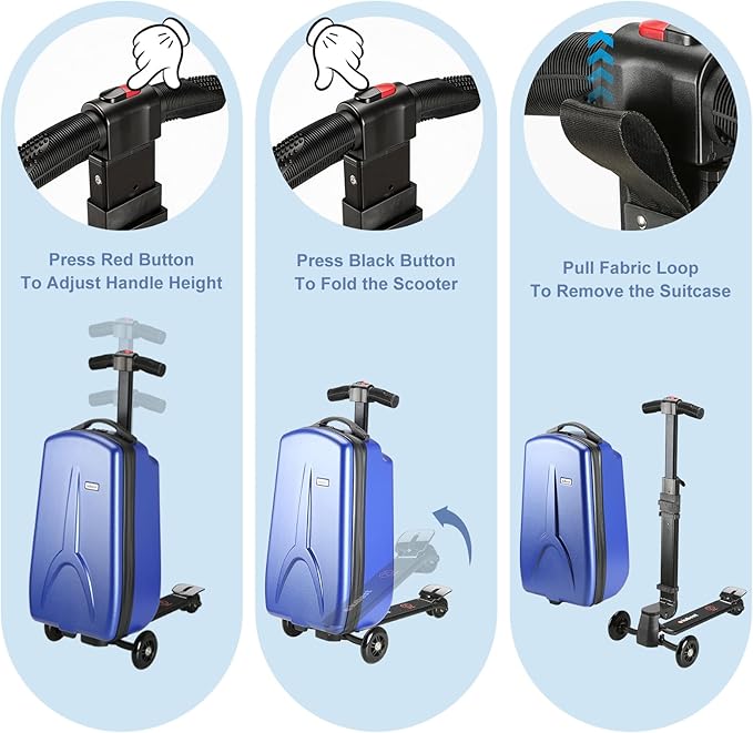 Scooter Luggage for Kids Scooter Suitcase for Ages 4-12, 4 in 1 Kids Luggage Boarding Suitcase Detachable & Foldable Scooter Travel Trolley Ride On Luggage-Blue