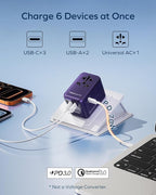 MOMAX Universal Travel Adapter 70W GaN, 3 USB-C PD & 2 USB-A QC, International Power Adapter Outlet, 6-in-1 Wall Charger for Laptop, Phone, European Travel Plug Adapter for UK/US/AUS/JP