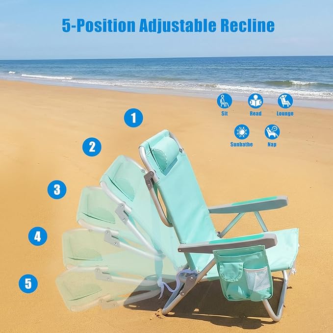 SUNNYFEEL Low Beach Chair 2 Pack, 5-Position Lay Flat Reclining, Backpack Portable Folding Chairs with Cooler Bag & Cup Holder, Heavy Duty 350 LBS, Compact for Beach, Camping, Travel