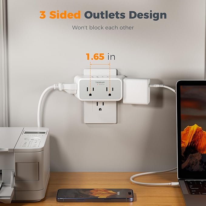 TESSAN Multi Plug Outlet Extender, Surge Protector 4 Outlet Splitter with 4 USB Ports (2 USB C), 3 Side Multiple Wall Plug Expander for Home Office Kitchen Dorm Room Essentials