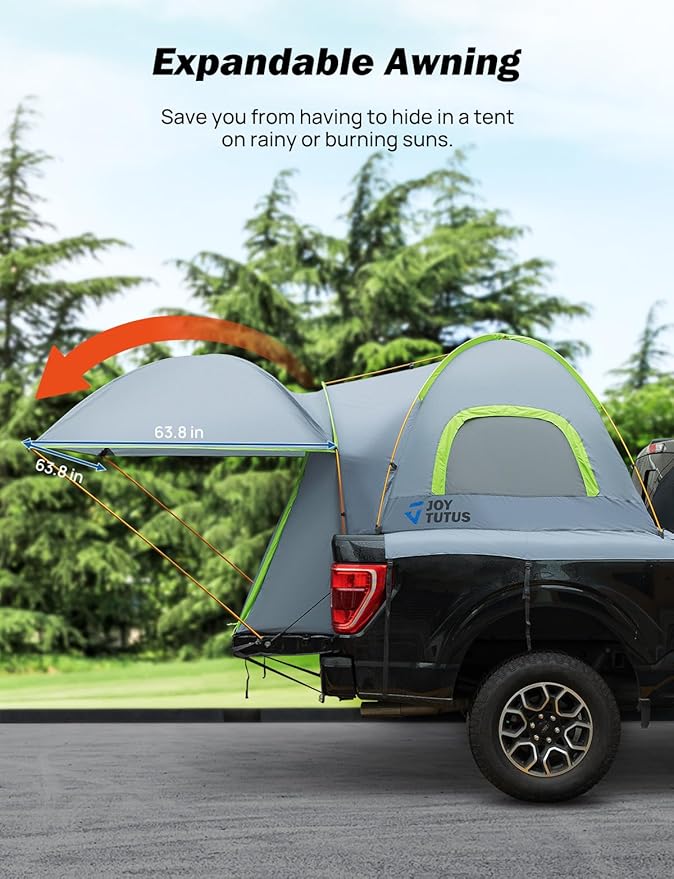JOYTUTUS Pickup Truck Tent 6.5ft Bed Tent with Removable Awning, Waterproof PU2000mm Double Layer for 2 Person, Portable Truck Bed Tent - Green, Aluminum Pole
