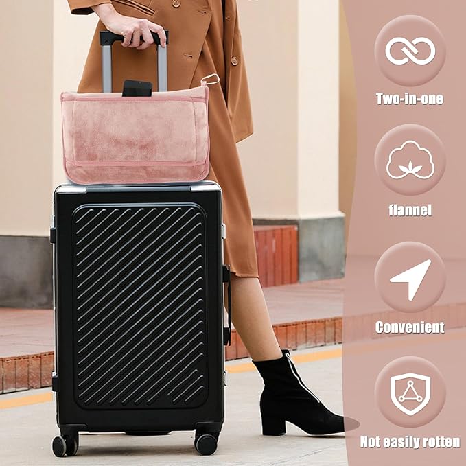 Travel Blanket, 2 in 1 Soft Flannel Airplane Blanket Warm Travel Blanket Pillow with Luggage Strap and Buckle, Portable Compact Flight Blanket for Cars Airplanes Camping 63x39 Inch (Pink)