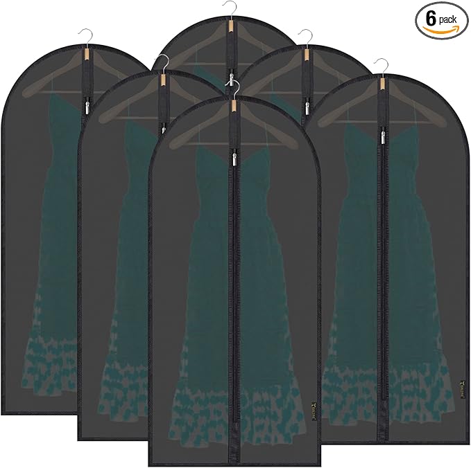 BALEINE 48'' Translucent Garment Bags, 6 Packs PEVA Dress Bag for Closet Clothes Dresses Suit Coats Storage (Black, 6PK)