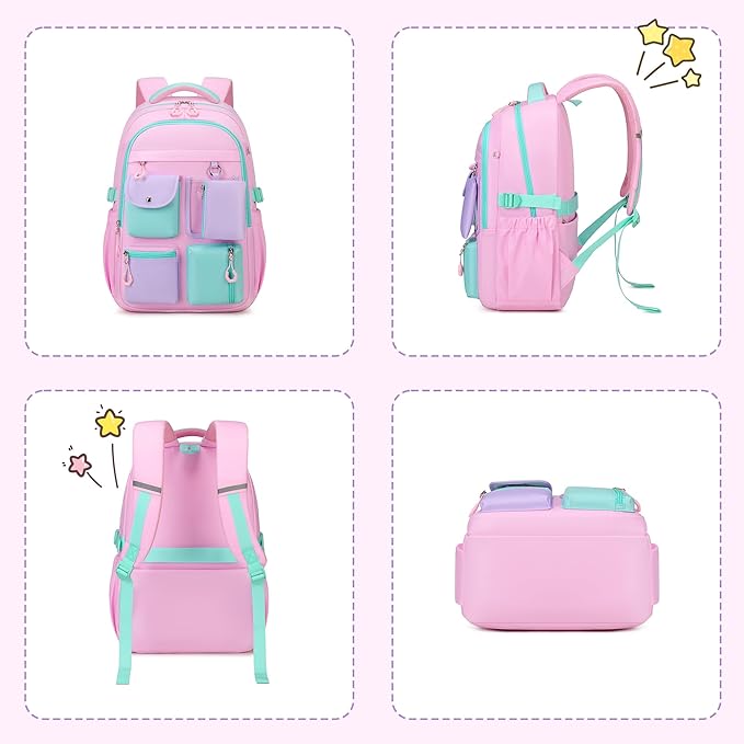 Kids Backpack, Backpack for Girls for Elementary School Multiple Pockets Ages 6-10(Pink)