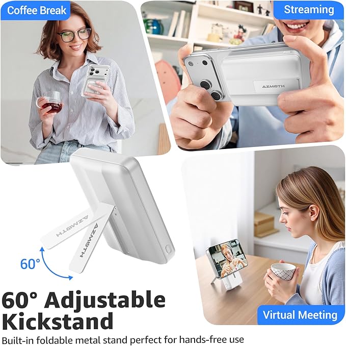 Azmuth Magnetic Wireless Power Bank 10000mAh, 15W Portable Charger Compatible with MagSafe for iPhone 17/16/15/14/13/12 Series Built-in Stand LED Display 20W PD USB-C 22.5W USB-A White