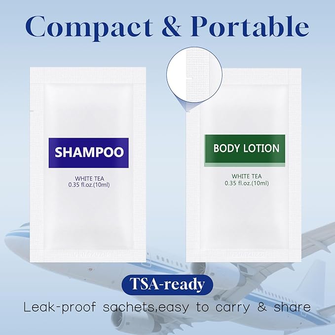 Travel Size Body Wash and Shampoo Bulk,Refreshing White Tea Scent,0.35 fl oz,Individually Wrapped Mini Shower Gel Shampoo Hygiene Kits for Travel/On The Go/Homeless Care/Hotel Guests(Pack of 100)