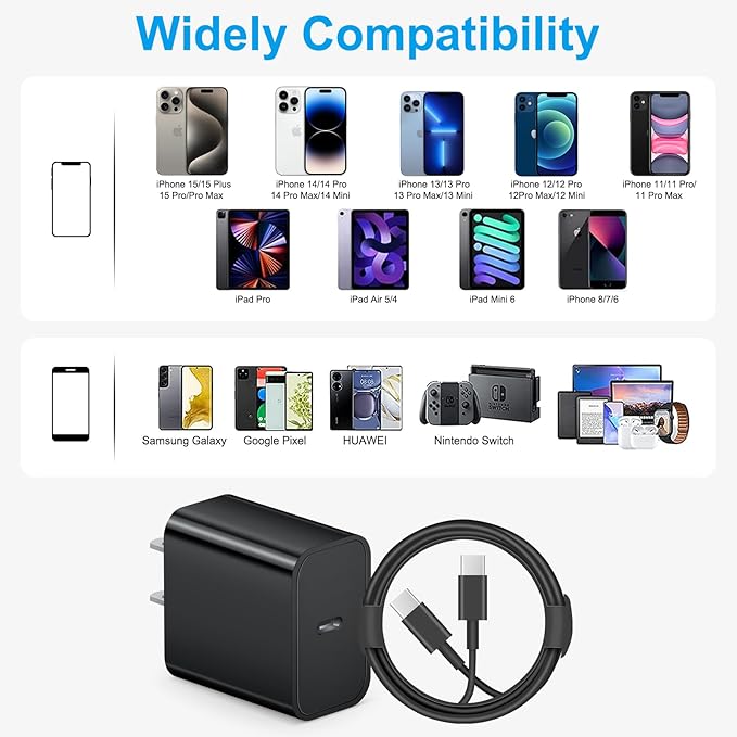 iPhone 17 16 15 Charger Fast Charging 10FT - 20W USB C Charger Block with 10FT Type C to C Cable Compatible with iPhone 17/17 Pro/17 Pro Max/Air/16/16e/15, iPad Pro, iPad Air (Black)