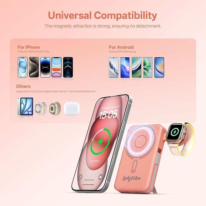 Magnetic Portable Charger Built-in Cables,10000mAh Fast Charging Wireless Charger Station External Battery Pack Slim Pocket Size Power Bank with Stand Compatible with iWatch, iPhone