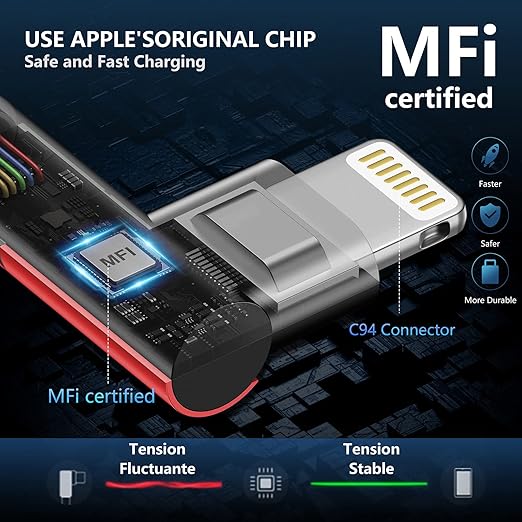 10ft iPhone Charger Cable,3Pack 90 Degree Charging Cable, [Apple MFi Certified] Long Lightning Cable Fast Charging Cord Compatible for iPhone 14/13/12/11/Pro/Max/Mini/X/Plus/8/7/6/Plus/ - Red