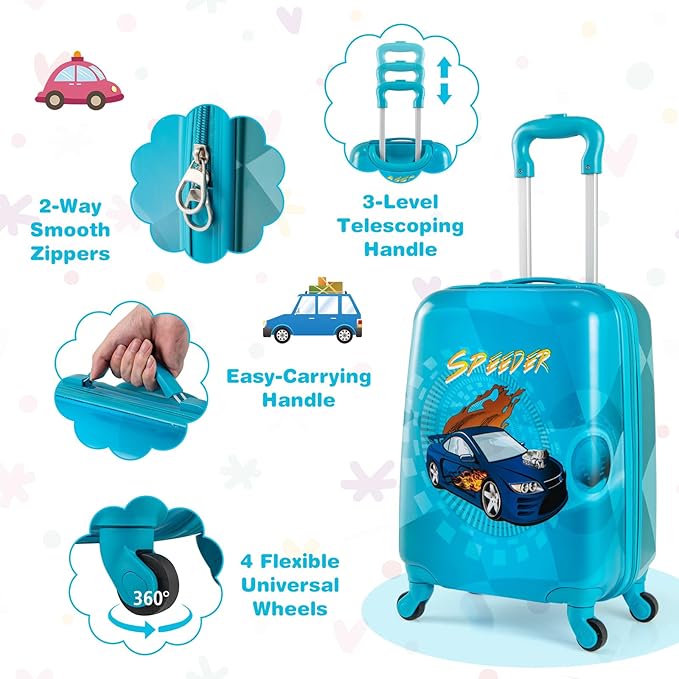BABY JOY 2 PCS Kids Luggage, 16” Carry-on Hardshell Suitcase with Wheels & Hardside Backpack for Boys Girls, Airline-Approved Toddler Travel Luggage Set (Racing Car)